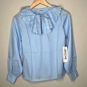 St Roche Virginia Top in Cerulean Blue Cotton Ruffled Eyelet Lace Collar NWT!